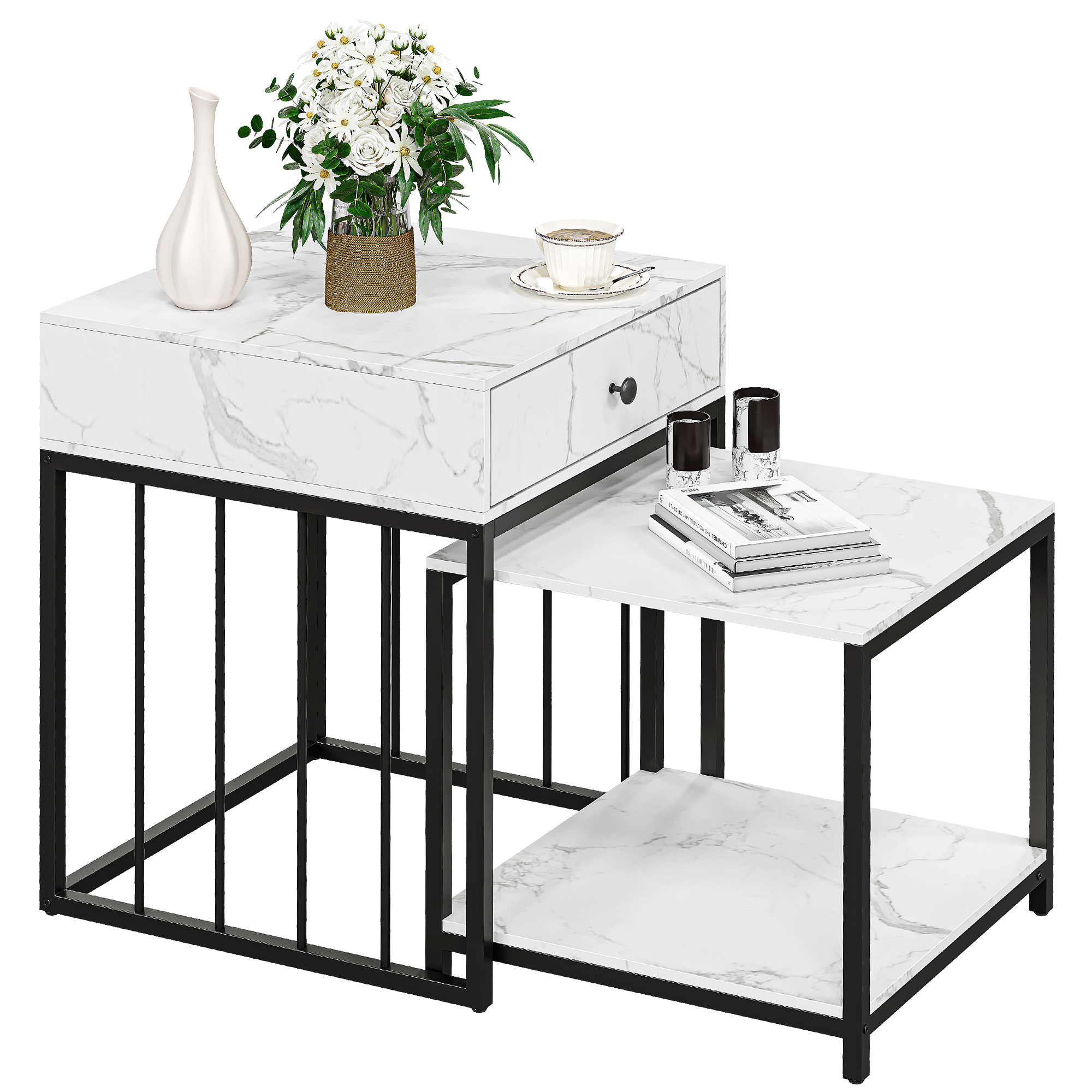 HOMEFAN Nesting End Table with Drawer & Shelf, Modern Coffee Table Set of 2 Living Room Side