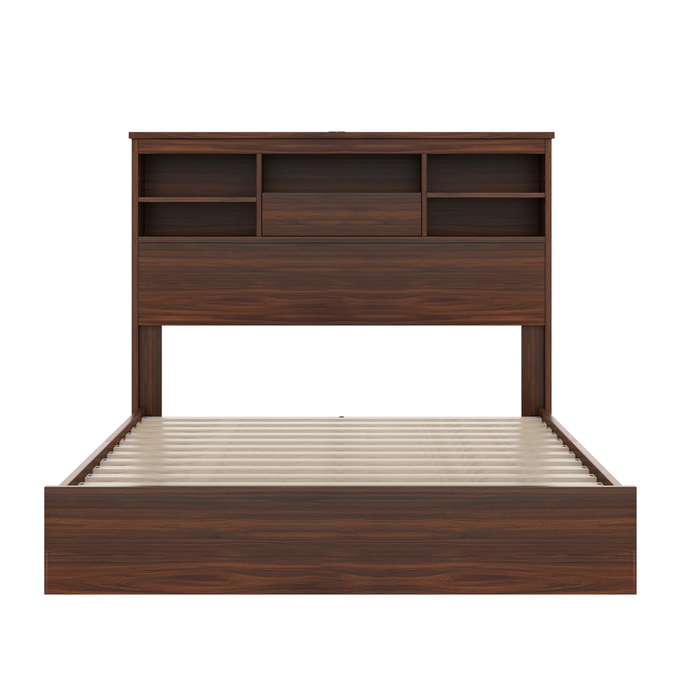 Noble House 4PCS Bedroom Set, Queen Bed with Storage Headboard & Charging Station, 2 Nightstands, 5-Drawer Dresser,Walnut