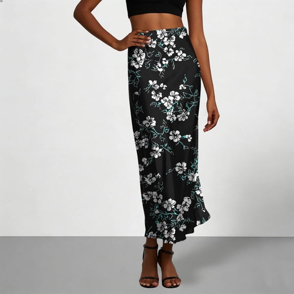 ClodeEU Women's Satin Print Elastic Waist Maxi Skirt,Casual Long Skirt ,Lounge Slim Skirt Black,Womens Plus XXL