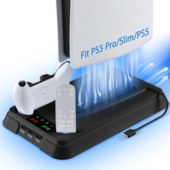 PS5 Cooling Station and PS5 Stand with RGB Controller Charging Station for PlayStation 5 Console, Controller Charger, Cooling Stand, PS5/Slim/Pro Accessories Kit with 3 Level Cooler Fan