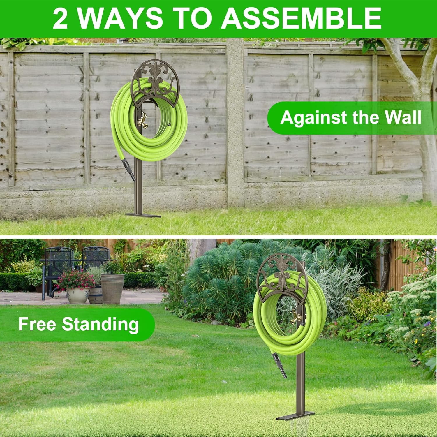 Garden Hose Stand with Brass Faucet, Detachable Heavy Duty Water Hose Holder, Freestanding Metal Hose Reel Decorative Storage Hanger Holds 150-Feet Hose for Outside Patio Lawn Yard