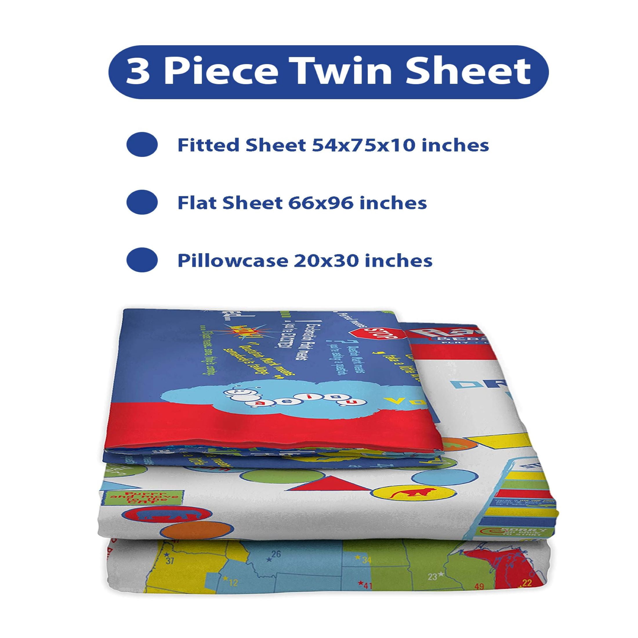 Playtime Premium & Ultra-Soft Microfiber Kids Blue Fitted Game Bedding Sheets & Pillowcases. 3 Piece. Twin, Pack and Play Kids /Toddler Bed Sheets Set. Over 65 Fun Interactive Kids Games, Puzzles