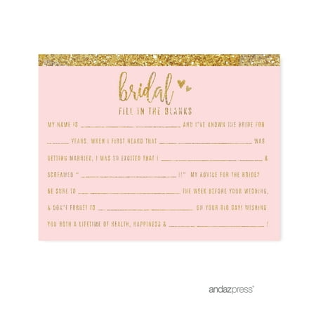 Fill-In-The-Blank - Bride Blush Pink Gold Glitter Print Wedding Bridal Shower Game Cards, 20-Pack