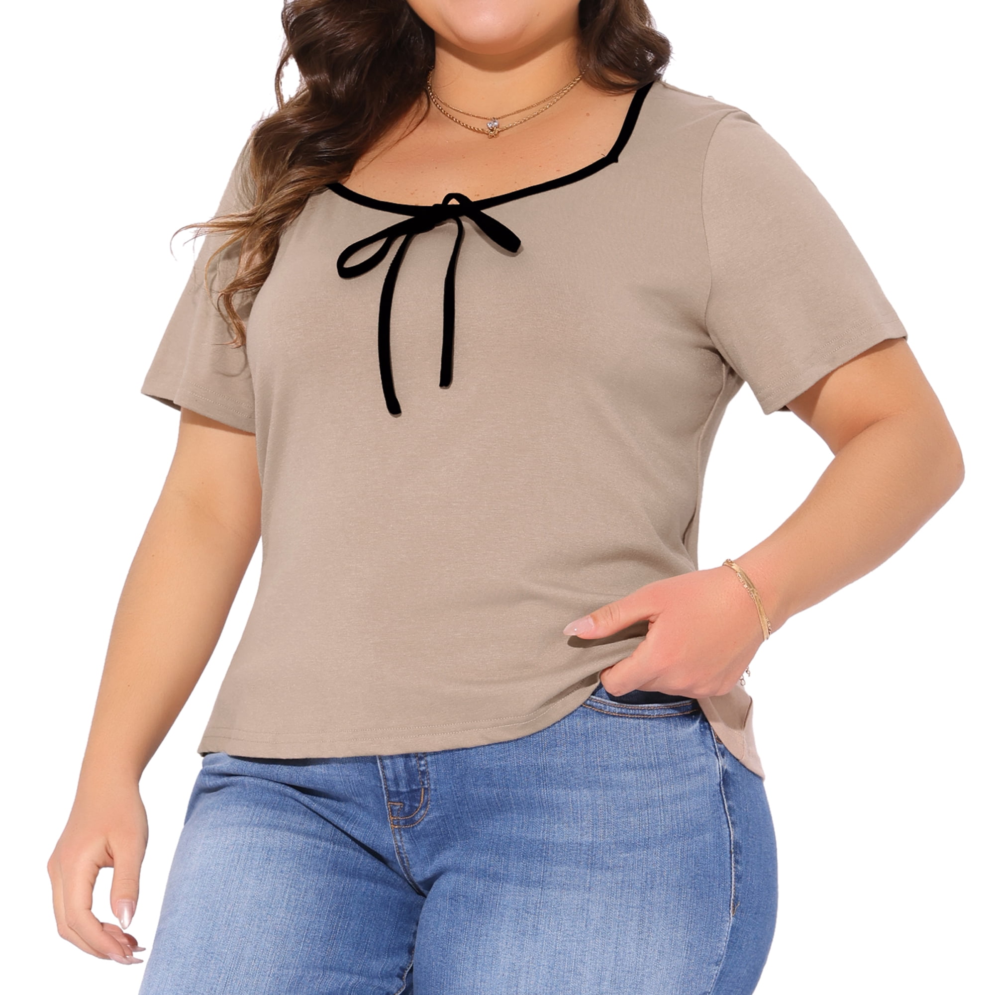 Women's Plus Blouse Sweetheart Neck Contrast Trim Tie Knot Short Sleeve Tee 4X Camel