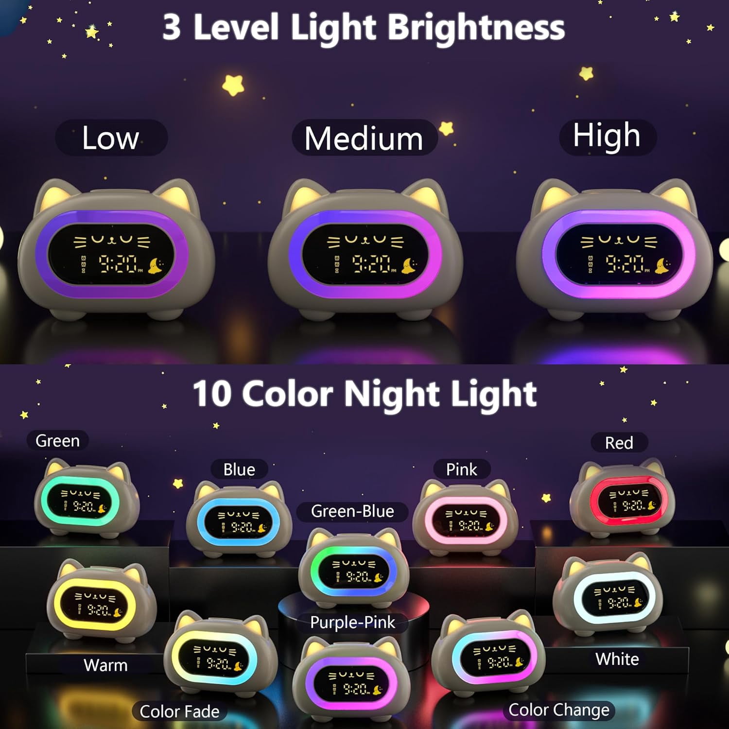 Hansang Alarm Clock for Kids with Sleep Training 3 levels of brightness and 10 night light modes, Ok to Wake Clock with snooze mode and white noise for Boys and Girls