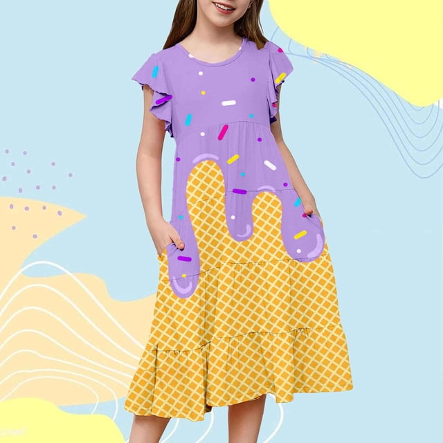 WILLBEST Vestidos Casuales para Niñas Adolescentes, Vestidos de Fiesta con Estampados de Mangas Abullonadas para Niñas, Vestidos de Fiesta de Baile para Niños 150