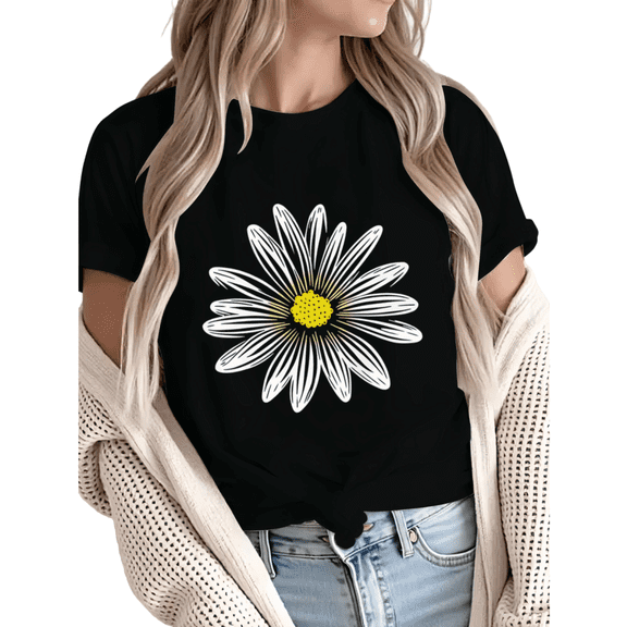 Giffimy Women's Minimalist White Daisy Graphic Short Sleeve T-Shirt Soft Cotton Casual Tee