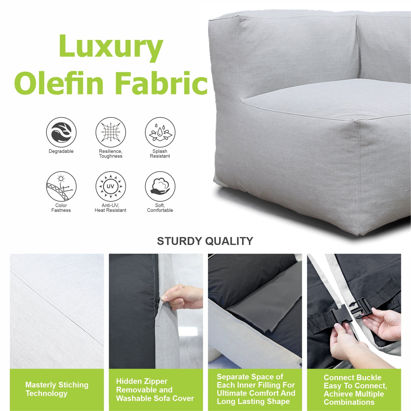 5 Pieces Olefin Patio Conversation Set with Thickened Cushions 4-Seat Outdoor Furniture Set with Bean Bag Chairs (Light Gray)