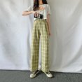 thumbnail image 2 of VISgogo Pantalones rectos de pierna ancha para mujer, pantalones largos casuales de cintura alta con estampado a cuadros y ajuste relajado VISgogo  moda, 2 of 3