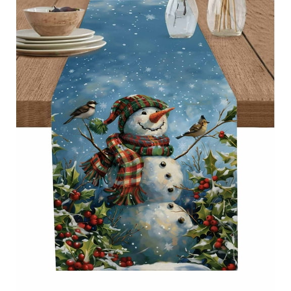 Blue Christmas Snowman Table Runner Xmas Botanical Berry Vintage Tablerunners 13 x 70 Inch, Table Decorations Tabletop Scarf for Summer Gathering Holiday Farmhouse Kitchen Dining Decor