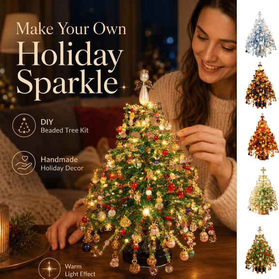 DIY Beaded Christmas Tree Kit, Make Your Own Sparkling Warm Light Tabletop Decoration, Handmade Holiday Beading Craft Set for Indoor Home Display & Creative Gift