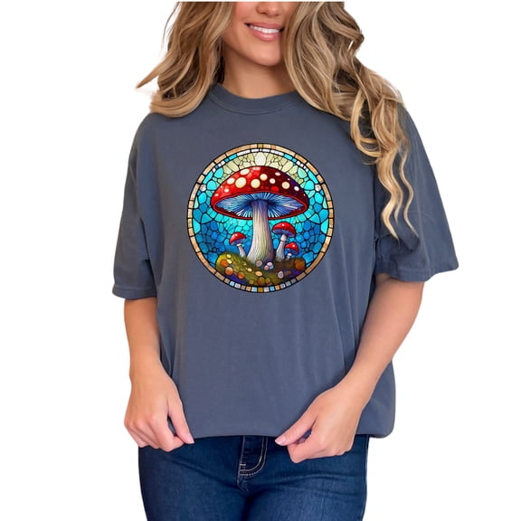 Mushroom Stained Glass Style T-Shirt, Psychedelic Mushroom Art Tee, Colorful Magic Mushroom Shirt, Unique Gift For Nature Lovers, Denim Comfort Colors T-Shirt, Small