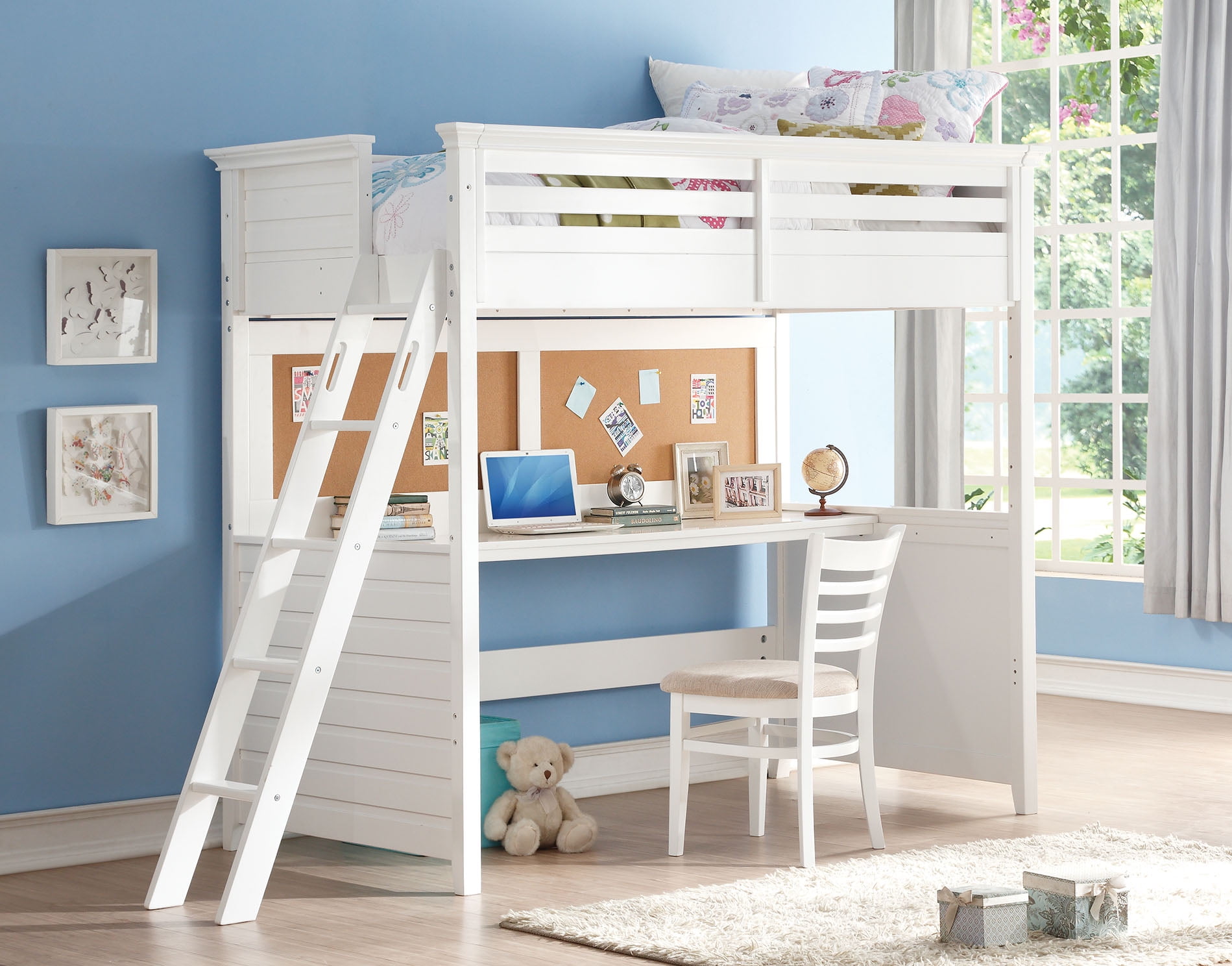 white bunk bed with desk and sofa