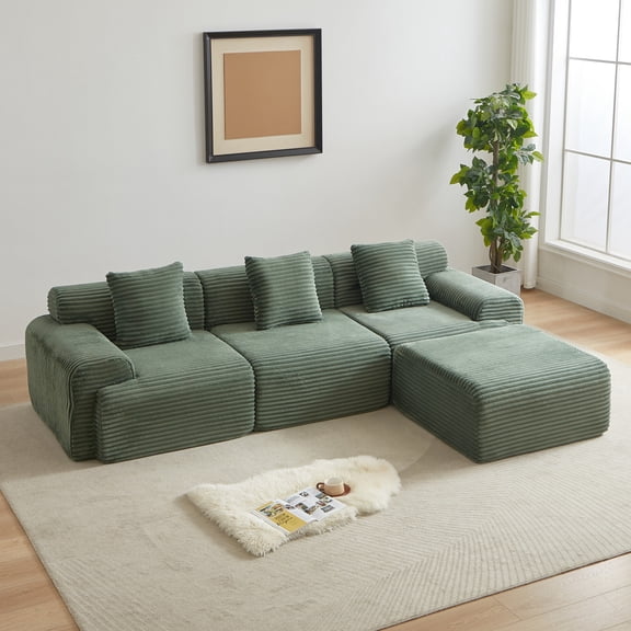 114" Modular Sectional Couch with Ottoman, L-Shaped Boneless Couch with 28.5-inch Deep Seat, Corduroy Cloud Couch for Living Room, No Assembly, Green