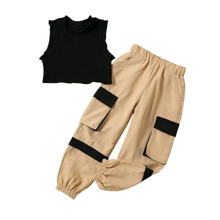 

Qtinghua 2Pcs Fashion Toddler Baby Girl Sleeveless Knitted Crop Top Casual Cargo Pants Summer Outfits