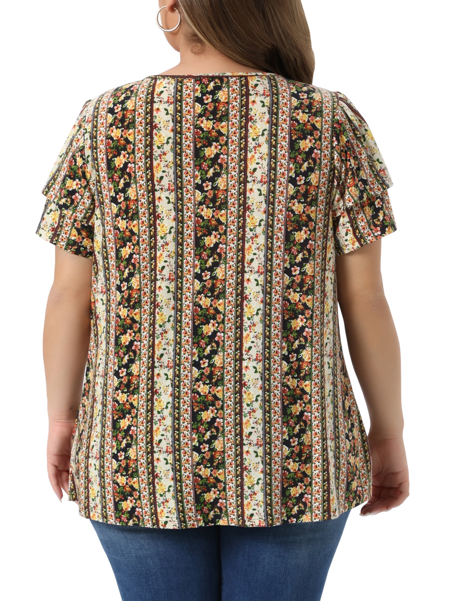 DARING DIVA Women's Plus Boho Floral Double Ruffle Sleeve Blouses 3X Black Yellow