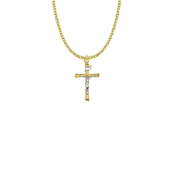 Singer 1 Inch Two-Tone 14KT Gold Plated Over Sterling Silver Wooden Log Crucifix Necklace