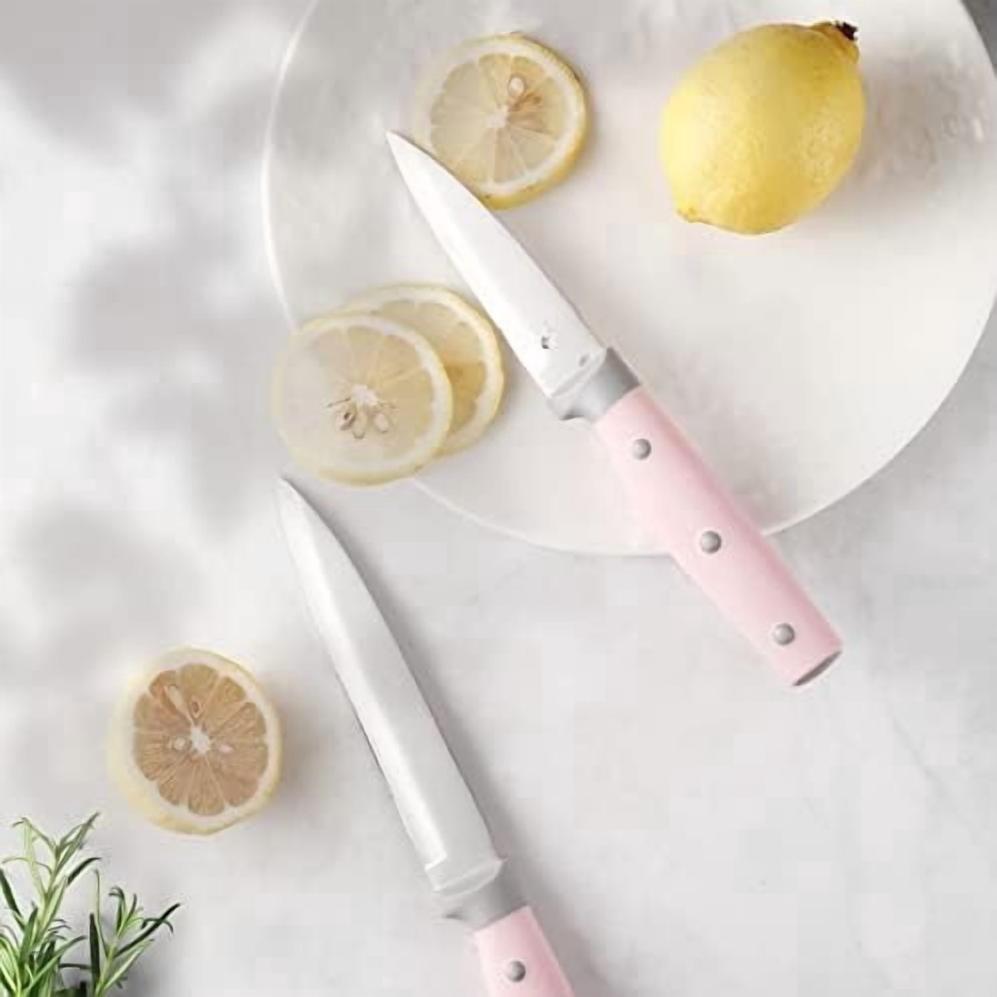 Kitchen Knife Block Set, 14 Pieces Knife Set with Wooden Block & Sharpener Steel & All-purpose Scissors, High Carbon Stainless Steel Cutlery Set (Pink)