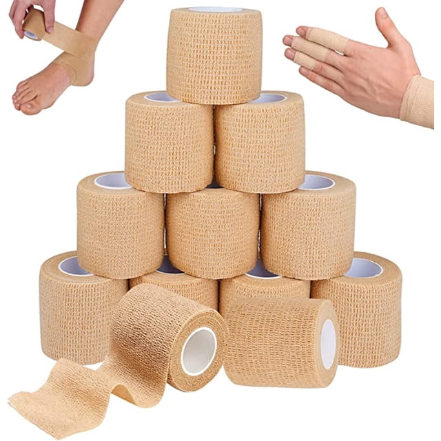 12 Piezas Cinta Autoadhesiva, Cinta Adhesiva Beige de 5 cm x 4,5 m, Cinta Adhesiva Elástica Impermeable Cinta Médica para Deportes, Primeros Auxilios, Mascotas ER