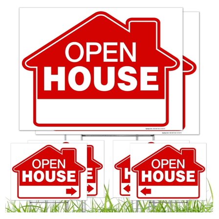 Open House Real Estate Red Sign, (6 Pack) Double Sided 12x18 Inches, Corrugated Plastic with Metal H Stake, Made in USA 12x18 6 PK