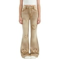 thumbnail image 4 of Girls High Waisted Flare Jeans, Distressed Bootcut Denim Pants with Heart Patches, Vintage Style, Khaki, Sizes 6-14,Size 10-11T, 4 of 6