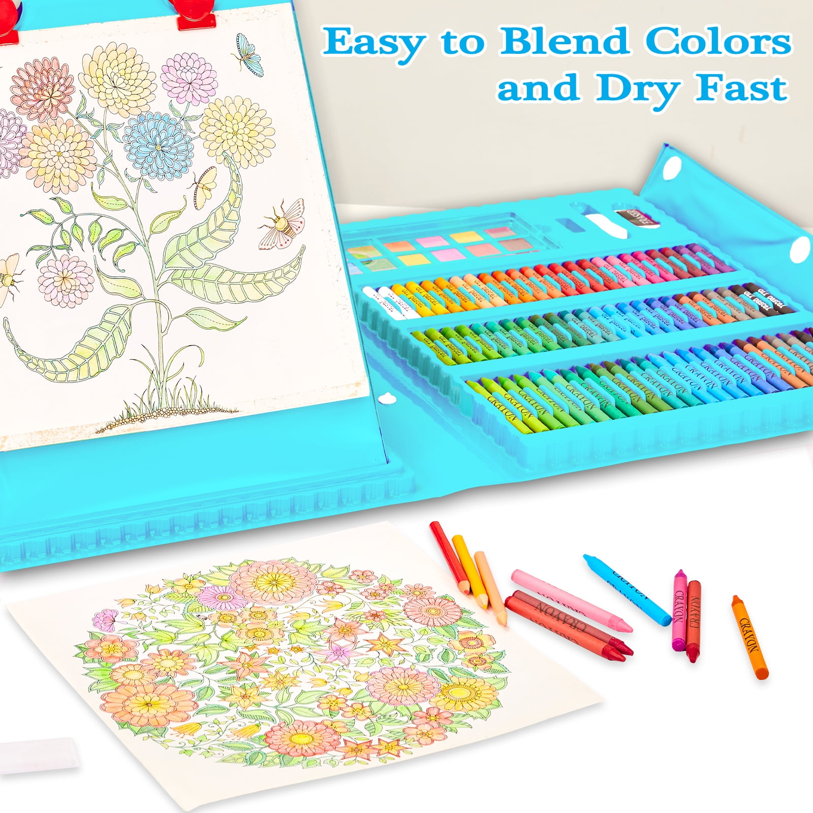KINSPORY 290 Pack Drawing Coloring Art Set with Double-Side Trifold Art Easel, Creative Supplies Gift for Artists Beginners Kids Boys Girls (Blue)