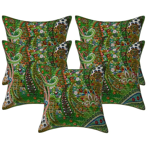 Stylo Culture Indian Decorative Throw Pillow Covers 16 x 16 Floral Kantha Parrot Green Printed 40 x 40 cm Home Decor Cotton Paisley Square Cushion Covers | Set Of 5