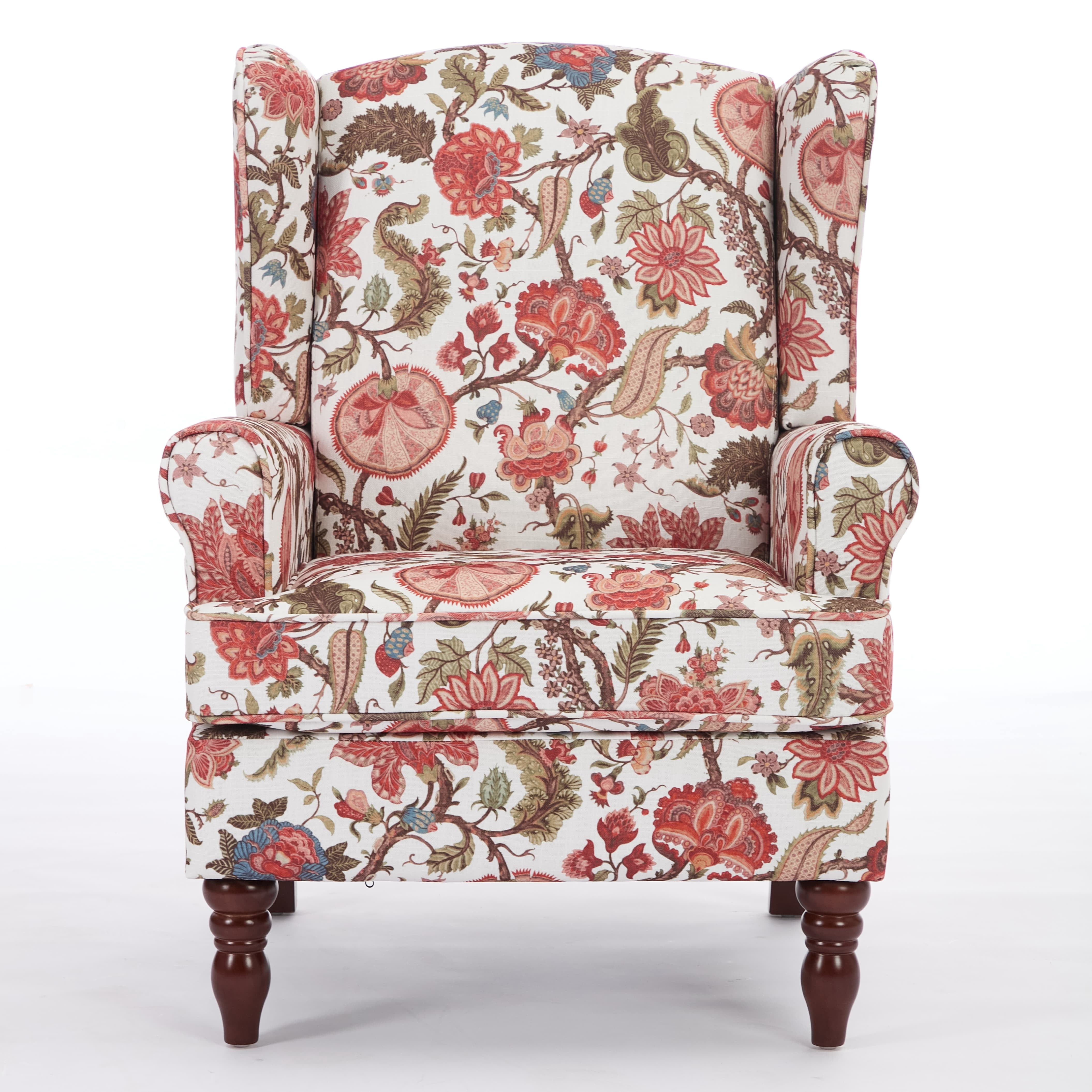 Aukfa Wingback Accent Chair,Upholstered Club Chair with Solid Wood Legs for Living Room, Bedroom & Office,Floral Red