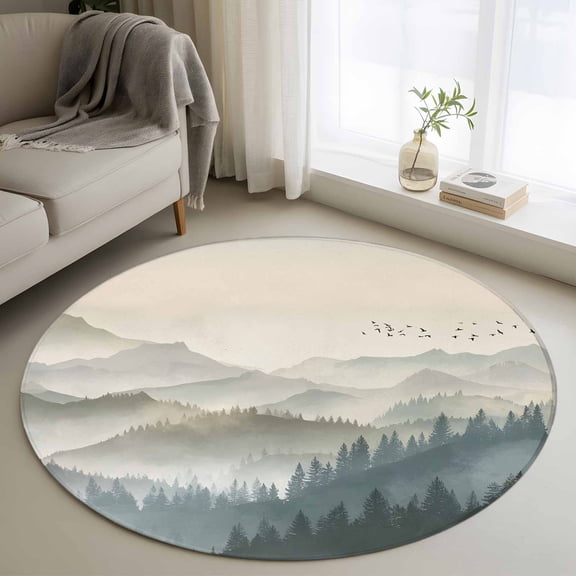 Mountains Round Area Rug 3Ft Washable Small Circle Rugs for Kitchen Entryway, Farmhouse Forest Nature Trees Landscape Non-Slip Carpet Floor Mats Indoor Outdoor Carpet Runner Aesthetic Home Decor
