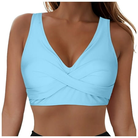 Gibobby Ribbed Halter Bikini Top - Push Up Padded and Brazilian String Swimwear(Light Blue M)