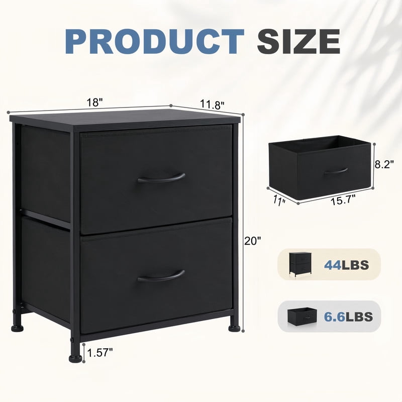 Kelno 2PCS Nightstand 2-Drawer Fabric Storage Dresser Small Bedside Table Wood Top, Black