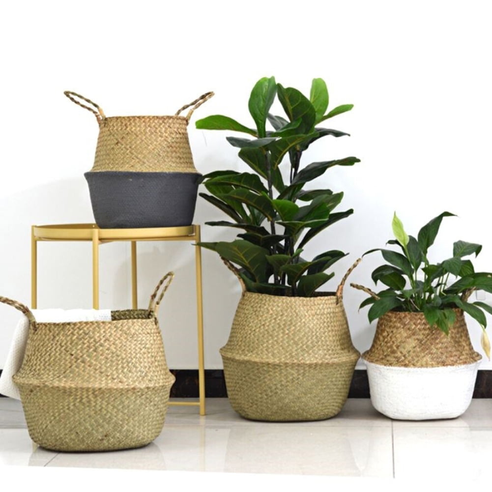 Natural Seagrass Woven Hand Woven Seagrass Belly Basket with Handles for Storage Plant Pot Black 22x20cm