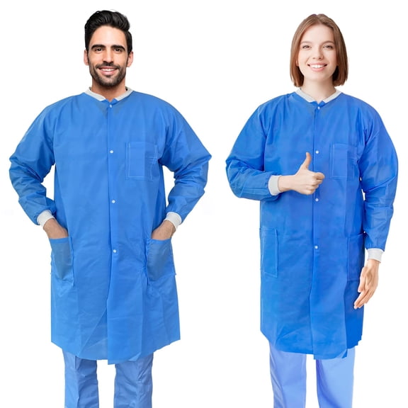 Blue SMS Disposable Lab Coat, Medium, Knee-Length, Snap Front, 3 Pockets, 30 count