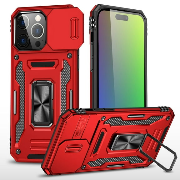 Military Grade Ring Holder Case with Camera Lens Cover for iPhone 15 - Red