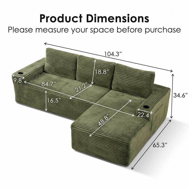 Anpport 104" Boneless Cloud Modular Sectional Couch, Corduroy Sofa with Cup Holders, Side Pockets, Deep Seat, No Assembly Required for Living Room, Green (R‑Shaped, Right Facing Chaise)