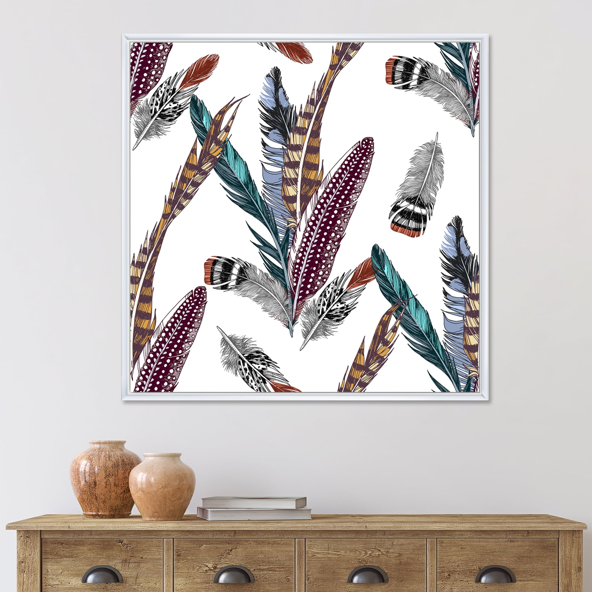 Colourful Boho Art Feather Set V 36 in x 36 in Framed Painting Canvas Art Print, by Designart