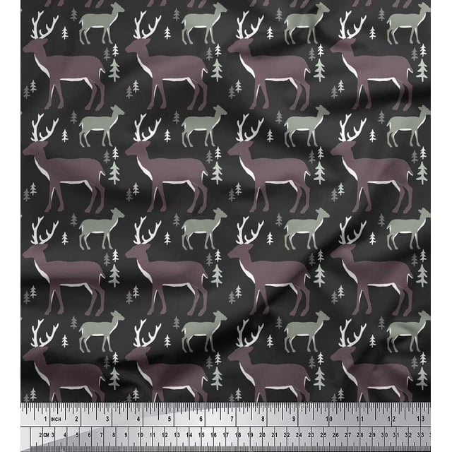 Soimoi Gray polyester Crepe Fabric Deer Animal Print Fabric by Yard 52 Inch Wide