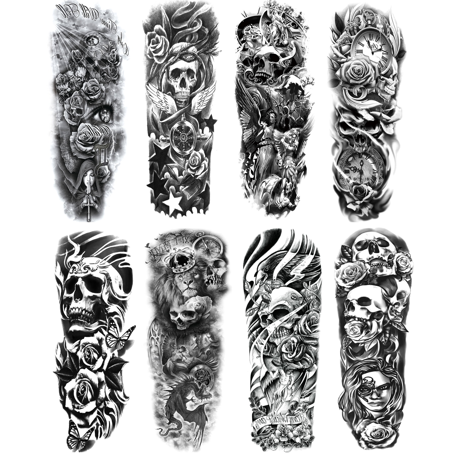Skull Tattoos Sleeve, 8Sheet Fake Skeleton Temorary Tatto Stickers for
