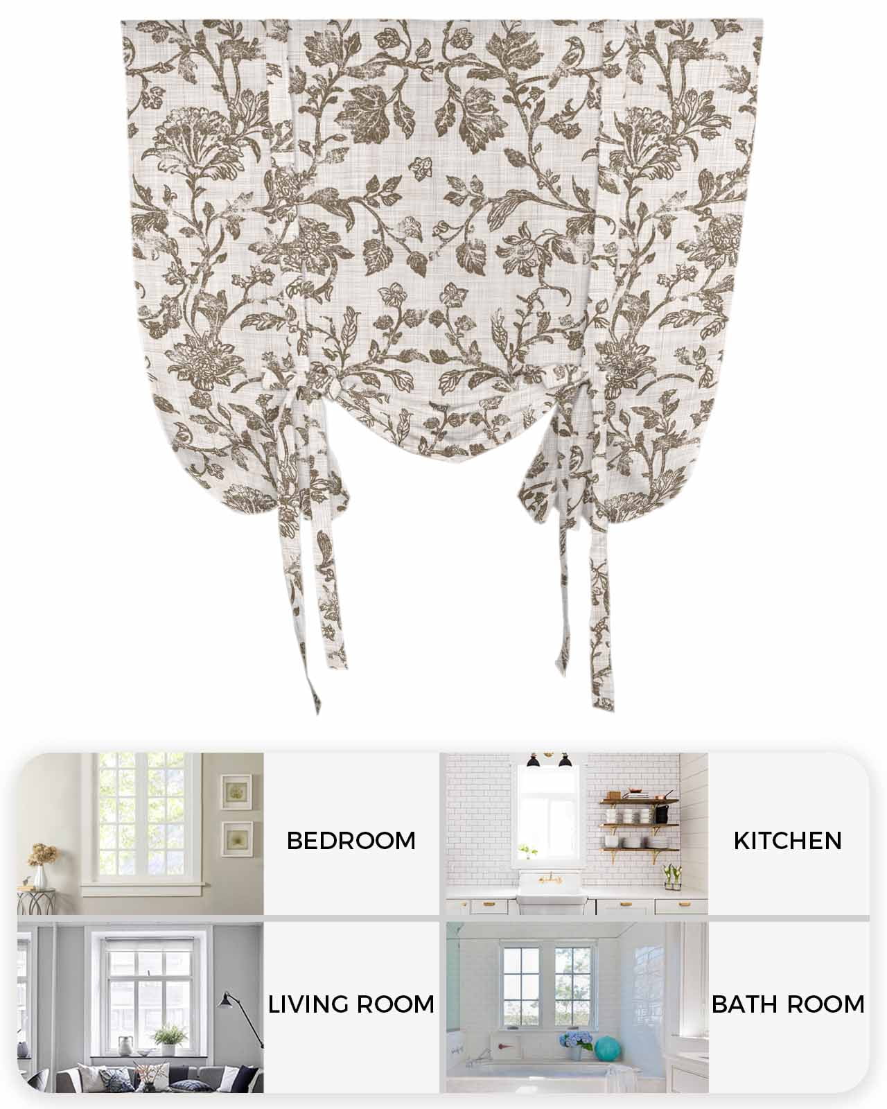 Farmhouse Brown Tie Up Curtains for Window, Thermal Insulted Balloon Shade Adjustable Rod Pocket Curtains Valance Panels for Kitchen Bathroom Cafe 42 x 45 Vintage Flower Leaf Botanical Plant