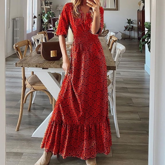 Kayannuo Short Sleeve Summer Dresses For Women 2023 Christmas Womens Dresses Fashion Women Summer Casual Print V-Neck High Waist 1/2 Sleeve Long Dress Red
