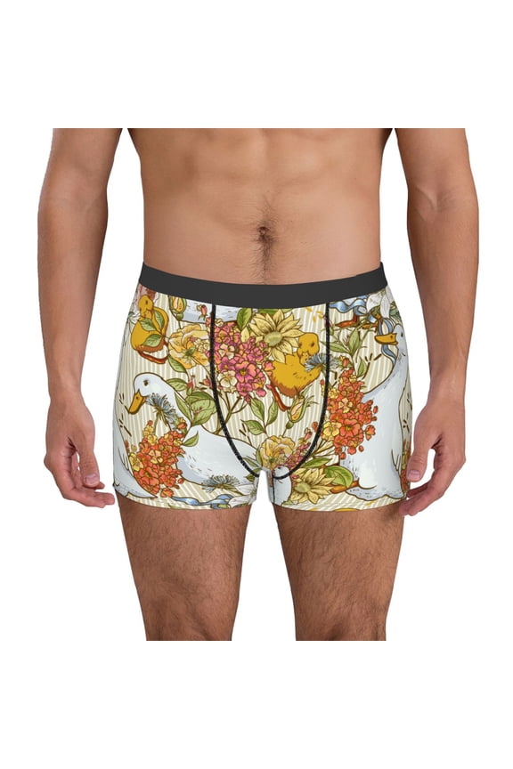 Ducks and Flowers Print Men's Boxer Briefs, High Elastic Moisture Wicking Boxer Briefs Underwear-Large