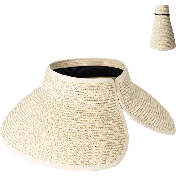 Women's Sun Visor Hats Wide Brim Straw Beach Hat Ponytail Hats for Women Foldable Floppy