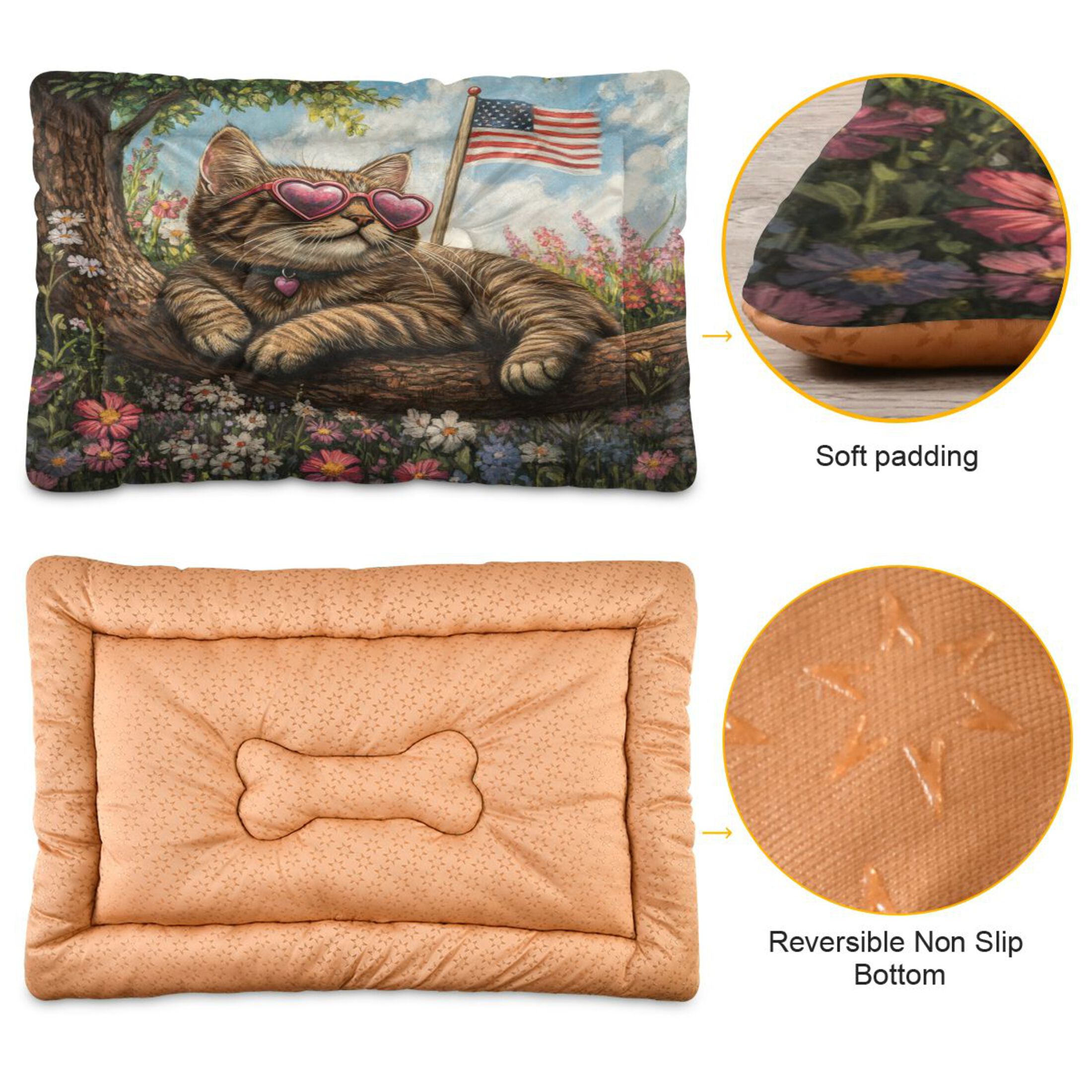 Qxltty American Flag Flower Cat Ped Pad Wear-resistant and Hard to Bite Through Sleeping Pad for Small Medium Large Dogs Winter Pet Bed 36×24in