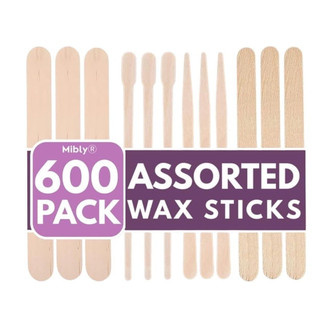 Mibly 4 Style - 600 palitos de cera de madera surtidos para cuerpo, piernas, rostro, tamaños pequeños, medianos y grandes, para depilación de cejas, espátulas para depilación o palitos de madera para