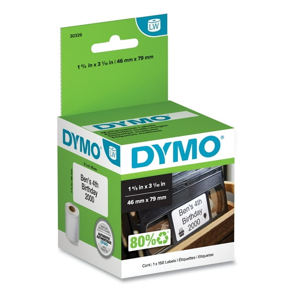 DYMO LabelWriter VHS Top Labels, 1.8" x 3.1", White, 150 Labels/Roll (30326)