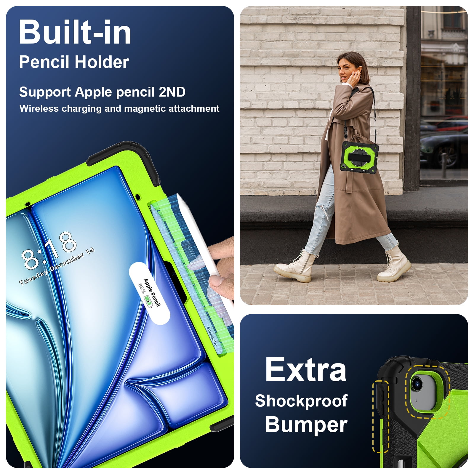 Dteck Case for iPad Air 13 inch 2025/2024 (M3/M2) with Pencil Holder, Shockproof Silicone + PC 3 Layer Protection Case Heavy Duty 360° Rotating Hand Strap Kickstand Cover,Black+Green