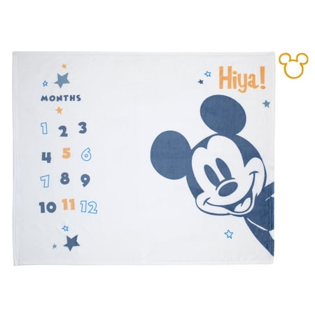UPC: 0085214132099 | Disney Mickey Mouse White Blue and Orange Milestone Baby Blanket