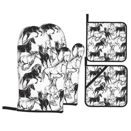

Oven Mitts and Pot Holders 4 pcs Set Extreme Sketch Cool Horse_E Heat Resistant Pot Holders Oven Mitts for kitchen Non-Slip Hanging Loop Oven Glove Potholders for Baking Cooking