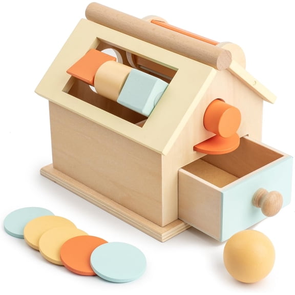 BUSY EDITION Wooden Montessori Toys Shape Learning & Education Coin and Ball Drop Box for Infants 6-12 Months