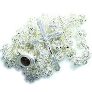 Multi Faceted Crystals Rosary - 8mm Crystal Rosary with Silver Tone Alpaca chain, Holy Land Soil and special Crucifix (White)